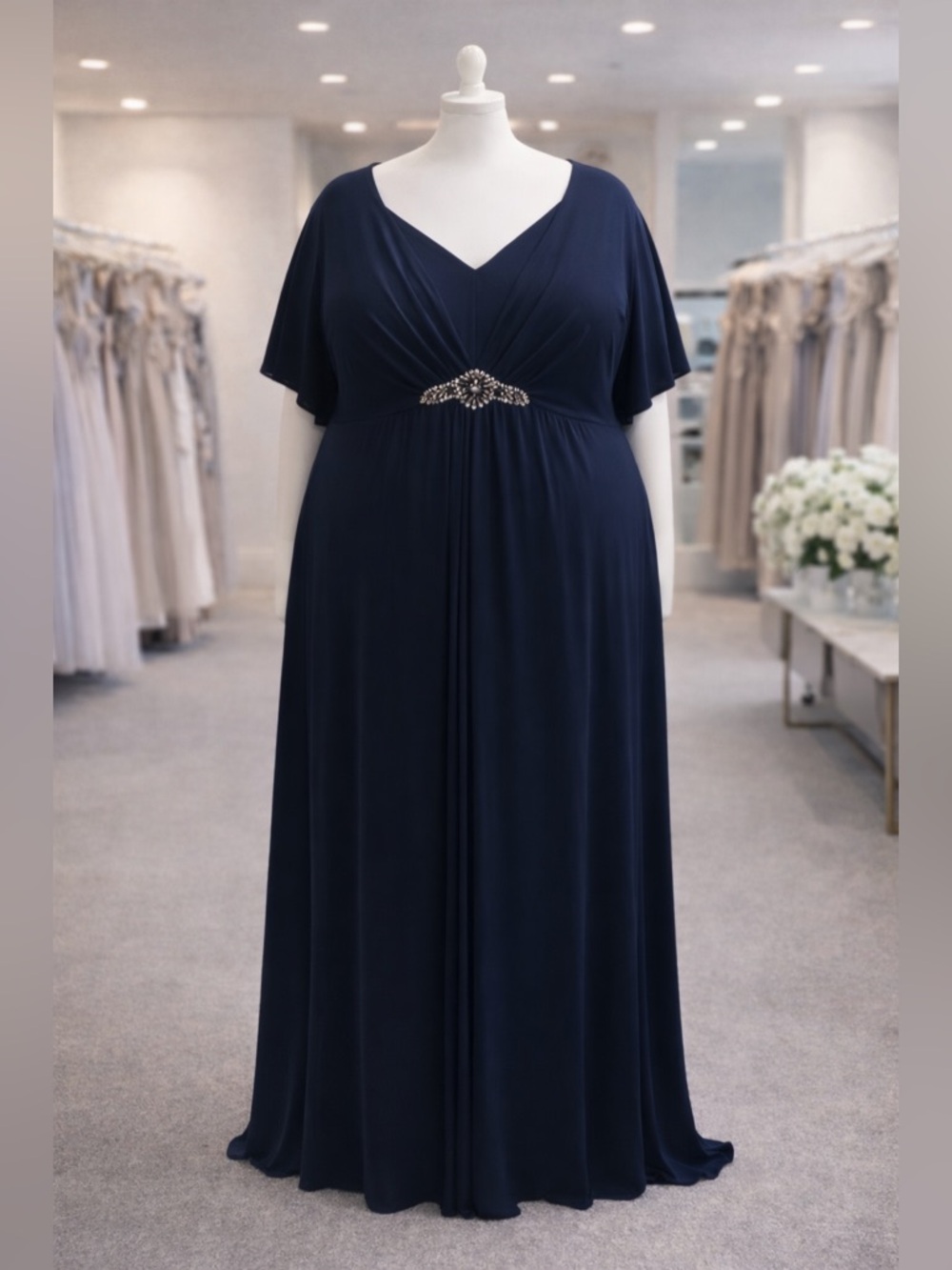 Navy V-Neck Evening Dress with Embellished Waist - Size 22W